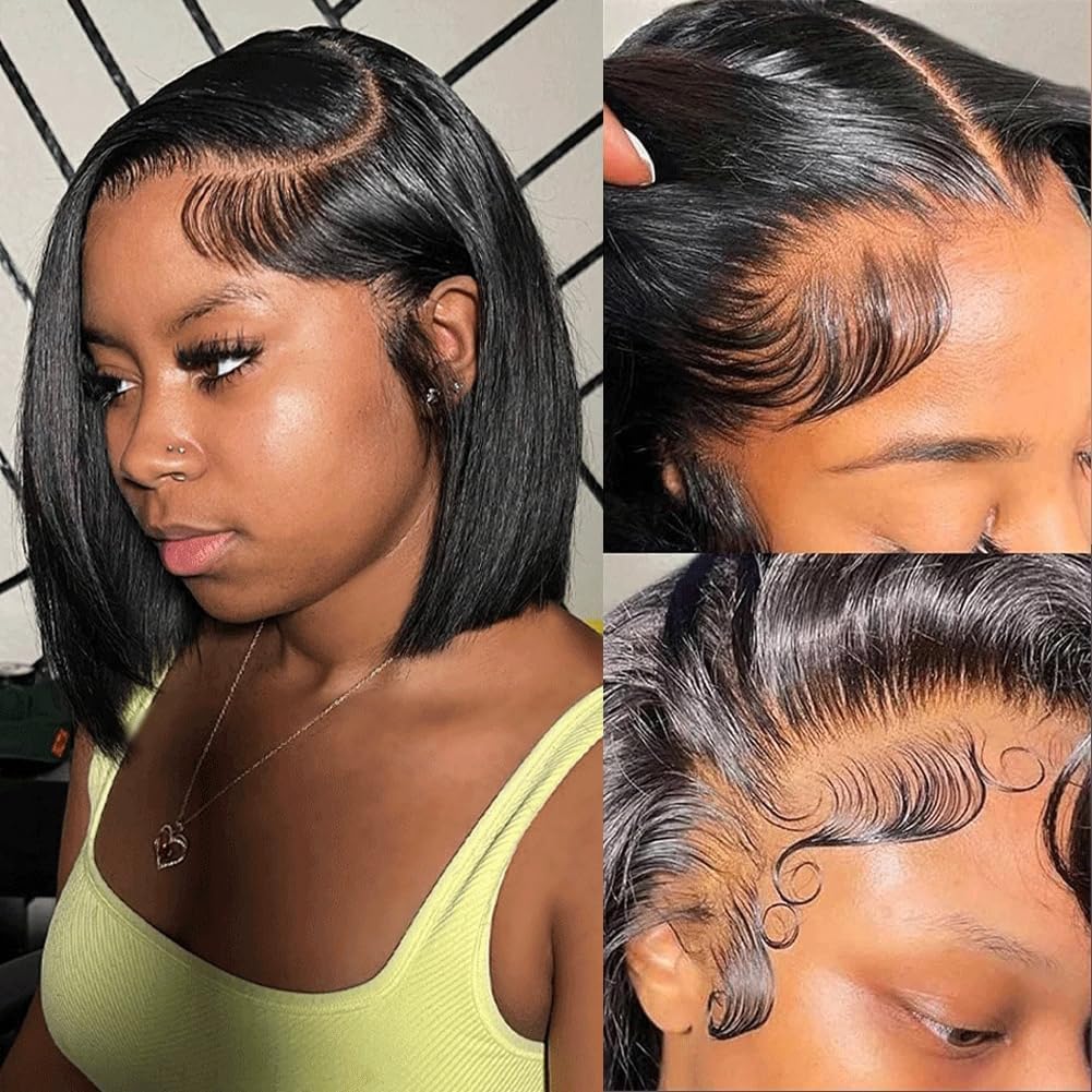 XNAIRA Wig Human Hair（Straight Short Bob Wig | 13x4 HD Lace Front | 180% Density | 100% Brazilian Virgin Human Hair | Glueless Wig,12 Inch,Warm Black）