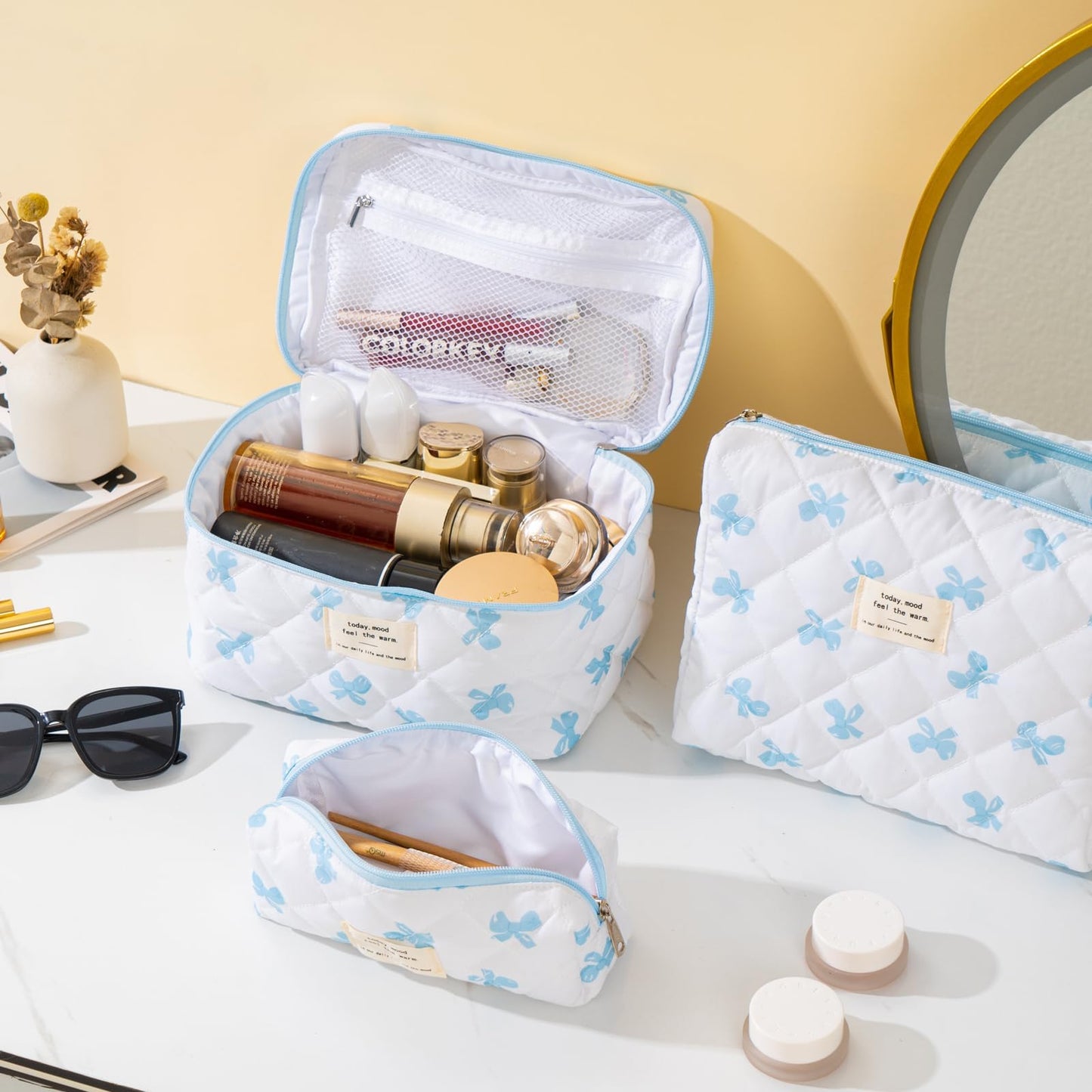 UUYUUY Makeup Bag for Women 3PCS Quilted Cotton Make Up Bag Travel Cosmetic Bag Large Makeup Bag Set Cute Blue Bow Makeups Organizer Floral Toiletry Pouch for Purse