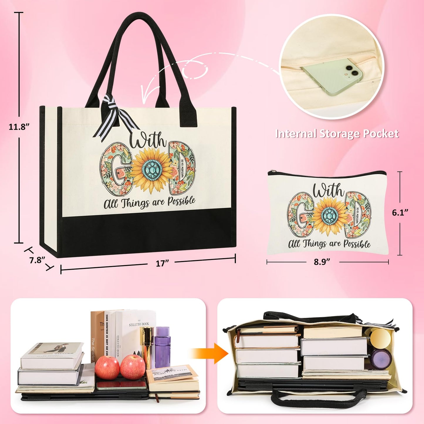 Tecanne Christian Gifts for Women, Canvas Tote Bag with Makeup Bag (4 Sets)