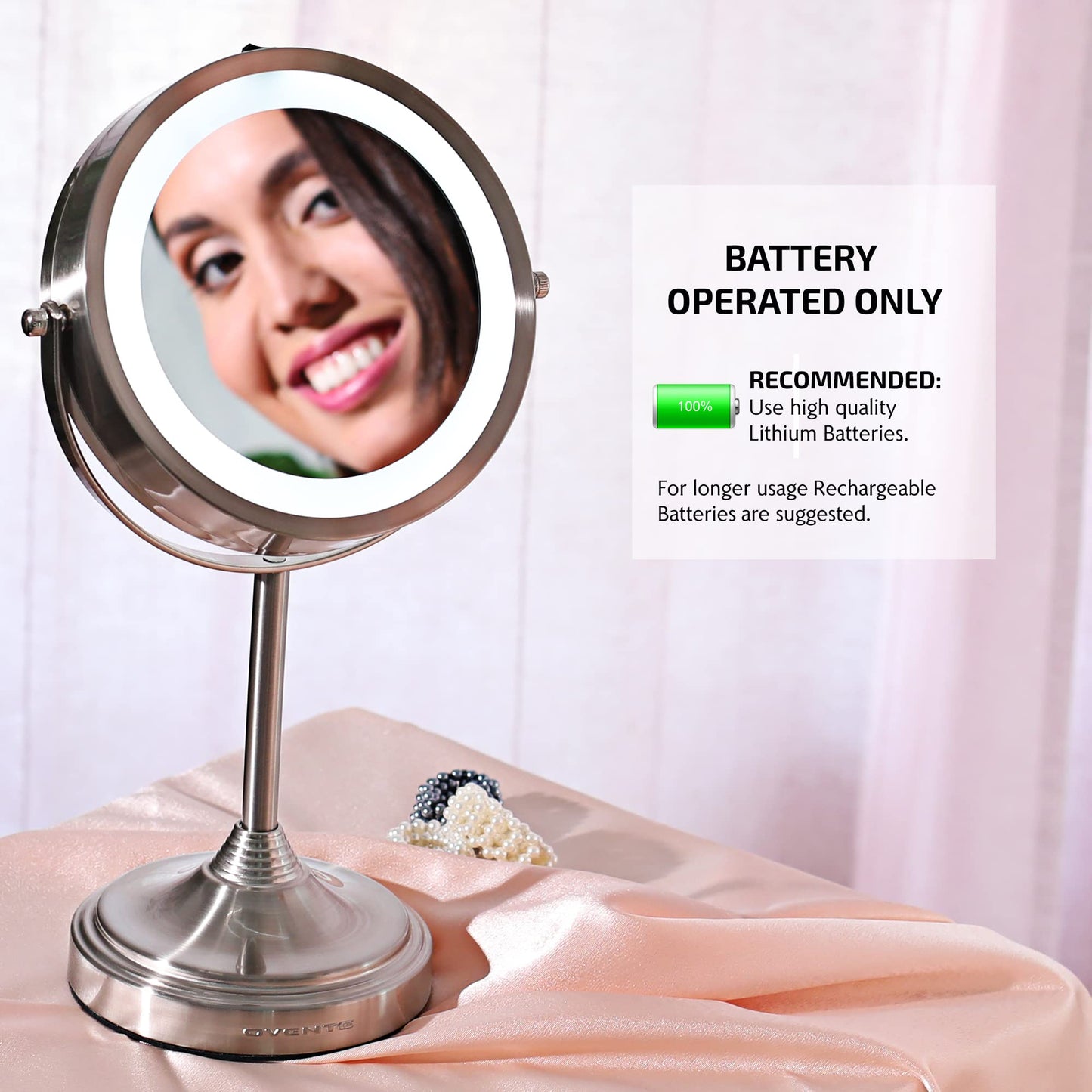 OVENTE 7'' Lighted Makeup Mirror with 1X/7X Magnification, Cordless Tabletop Mount Vanity Mirror with 360° Swivel Design & Double Sided Glow Cosmetic White LED Ring Light, Nickel Brushed MCT70BR1X7X