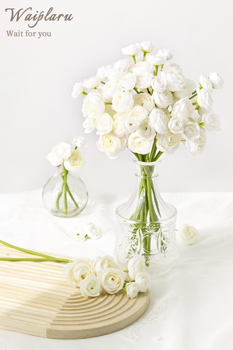 Waipfaru Ranunculus Artificial Flowers, 18Pcs 14In Fake Peonies Artificial Flowers, White Faux Flower for Vase Silk Flower Real Touch Faux Peony Bulk for DIY Wedding Bouquet Home Bridal Shower Decor