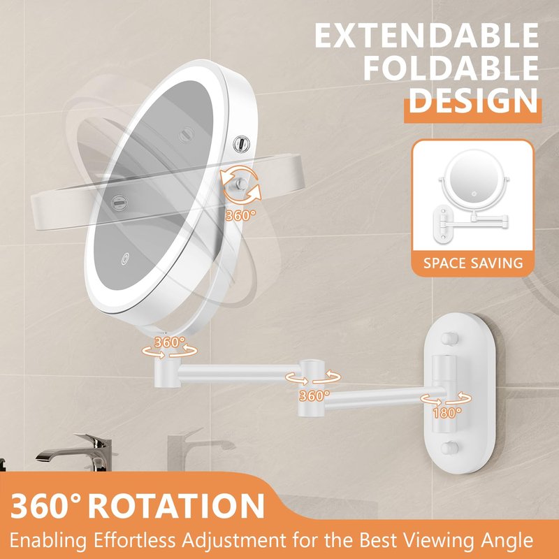Auxmir 8'' Wall Mounted Lighted Makeup Mirror, 3200mAh Rechargeable Double-Sided 1X/20X Magnifying Mirror with Light, Touch Dimmable 3 Color Light, 360° Rotation Foldable Extended Arm, White