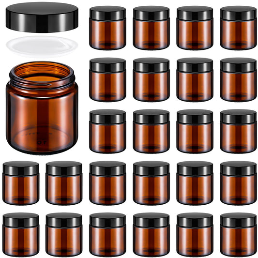 Norme 24 Pcs 4 oz Glass Jars with Lids Leakproof Round Airtight Empty Cosmetic Jars with Inner Liners Lid for Storing Lotions Powder Ointments Making Tins (4 oz,Black,Amber)