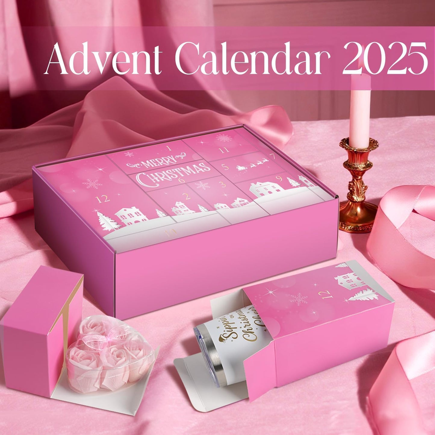 Spa Advent Calendar 2026 Adult Women Teen Girls - Christmas Bath Advent Calendar for Mom, Wife, Girlfriend, Sister, Her - Pink Spa Gifts Basket Set with Mugs, Bath Bomb, Shower Steamer, Candle & Relaxing GuaSha Tools