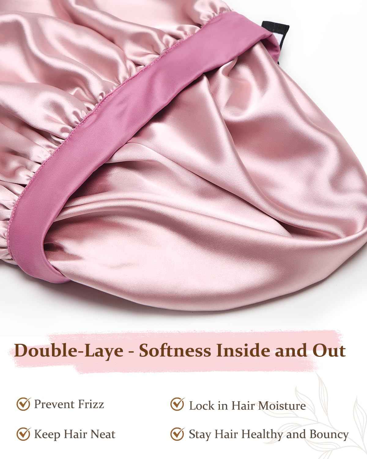 mikimini Satin Bonnet for Sleeping Women, Ajustable Reversable Silky Bonnet for Sleeping, Large Hair Bonnet for Curly Hair Braids, Pink Elegant, 2 Pieces