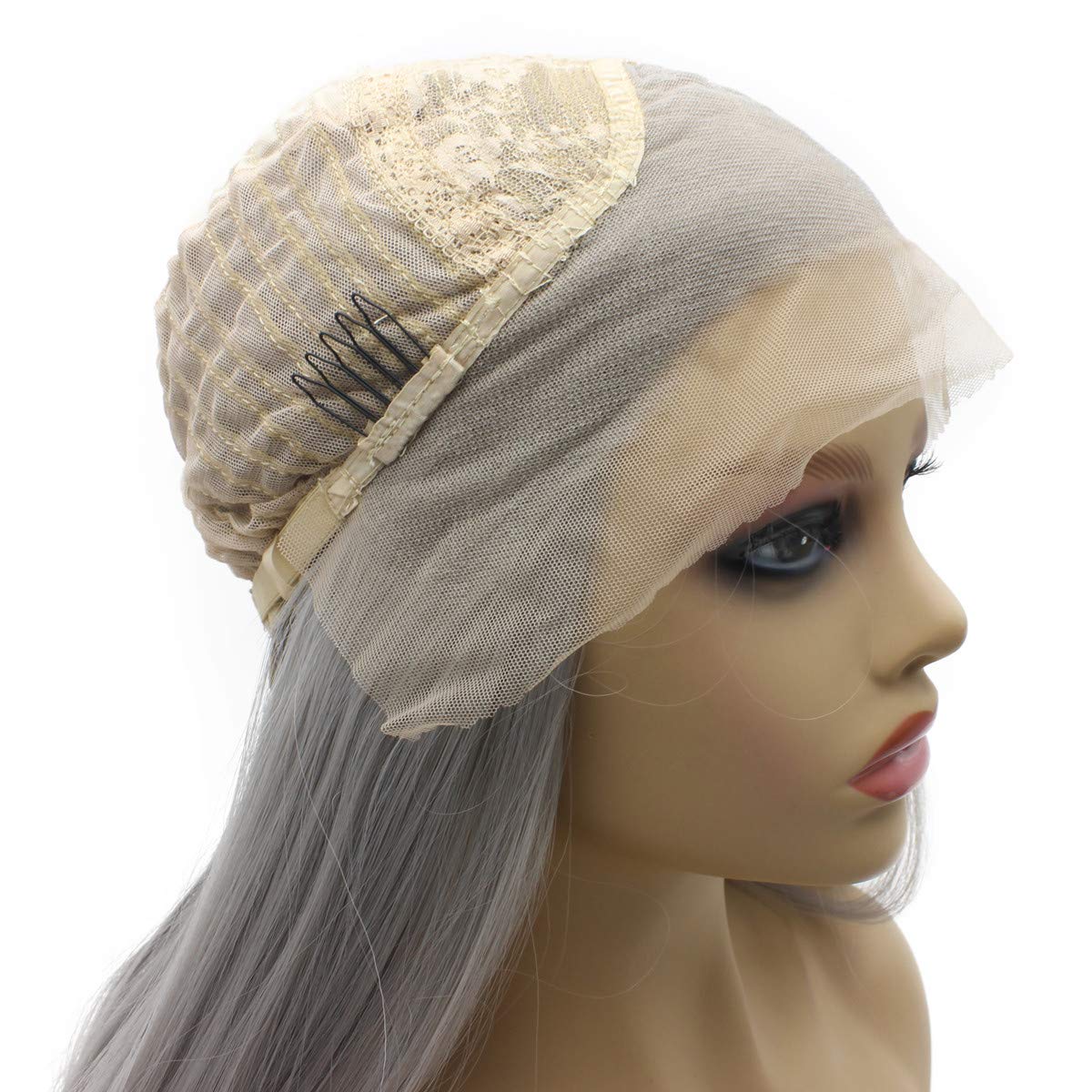 Iwona Gray Straight Wig Half Hand Tied Heat Resistant Fiber Hair Synthetic Lace Front Wig