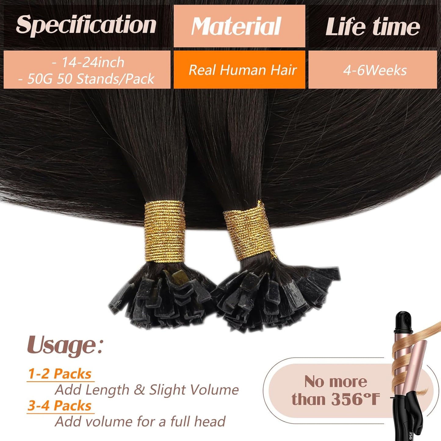 16 Inch K Tip Hair Extensions - Real Human Hair, Dark Brown | Invisible V-Tips for Seamless Blend & Volume