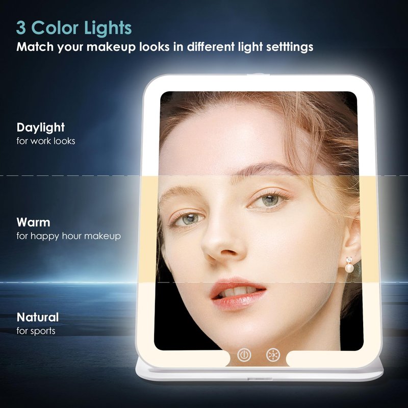 7.8" x 6.1" Rechargeable Travel Makeup Mirror with Lights and Small 10X Magnification, Foldable Stand with Adjustable Height & Angle, 3 Light Colors LED Lighted Vanity Mirror (White)