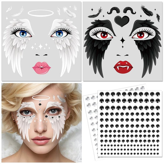 HOWAF Halloween Angel Face Tattoos, 2 Angel Wing Full Face Temporary Tattoos with 2 Sheets Jewels Tattoos Sticker for Hallows' Eve Costumes Accessories, Black and White Fallen Angels Tattoo Stickers