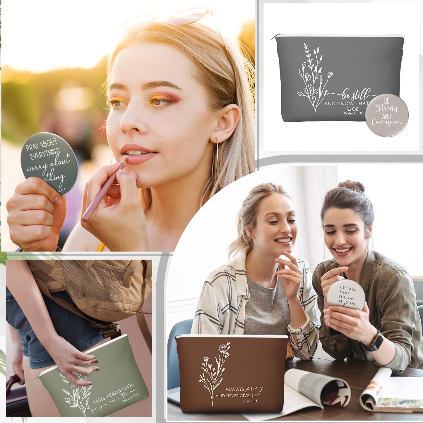Reginary 30 Set Christian Gifts for Women Bulk 30 Religious Canvas Makeup Bags 30 Bible Verse Compact Mirrors Church Inspirational Appreciation Gifts for Mom Clergy(Neutral Colors,Aesthetic Style)