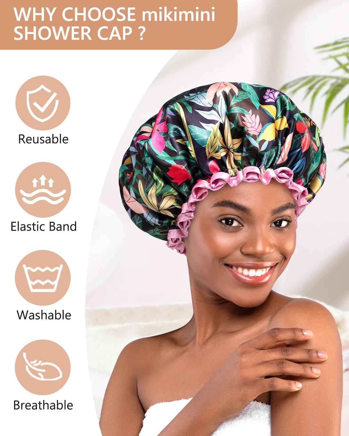 mikimini Black Satin Bonnet for Sleeping + Rainforest Bath Shower Cap with Pink Lace