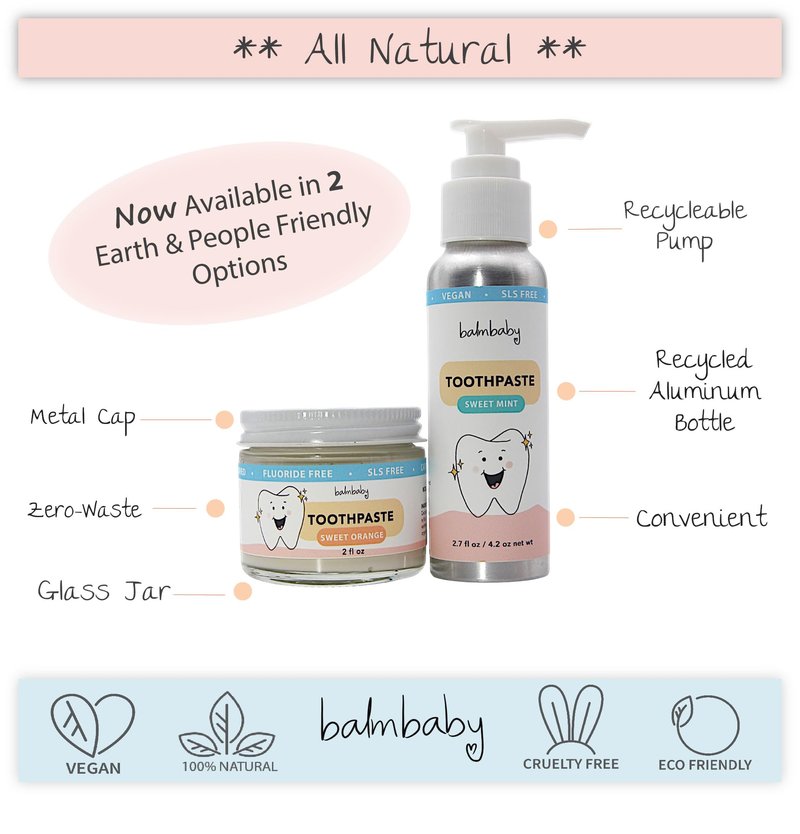 BALM! Baby Kids All Natural Fluoride Free Toothpaste with Xylitol, SLS Free, Vegan, Gluten Free, BPA Free, Zero Waste, Mint, 2 fl oz