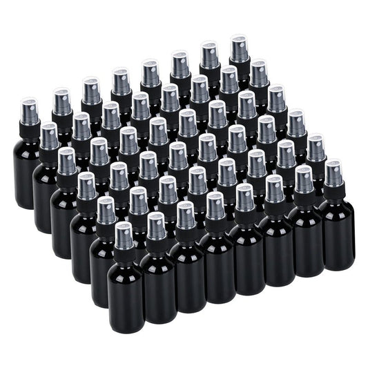 YONKAN 2oz UV Resistant Glass Spray Bottle, Fine Mist Boston Glass Bottles with Black Fine Mist Sprayer Small Clear Bottles for Essential Oils, Bath, Beauty, Hair & Cleaning, Black, Pack of 48