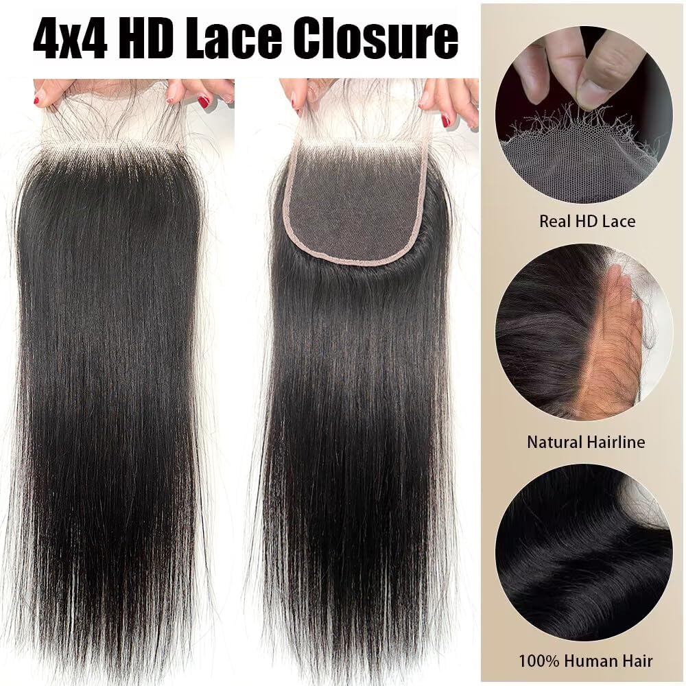 4X4 Straight HD Lace Closure Human Hair Extensions 12A Brazilian Virgin Remy 100% Unprocessed Human Hair Frontal Free Part Closure Only Pre Plucked With Baby Hair Natural Black 18 Inch