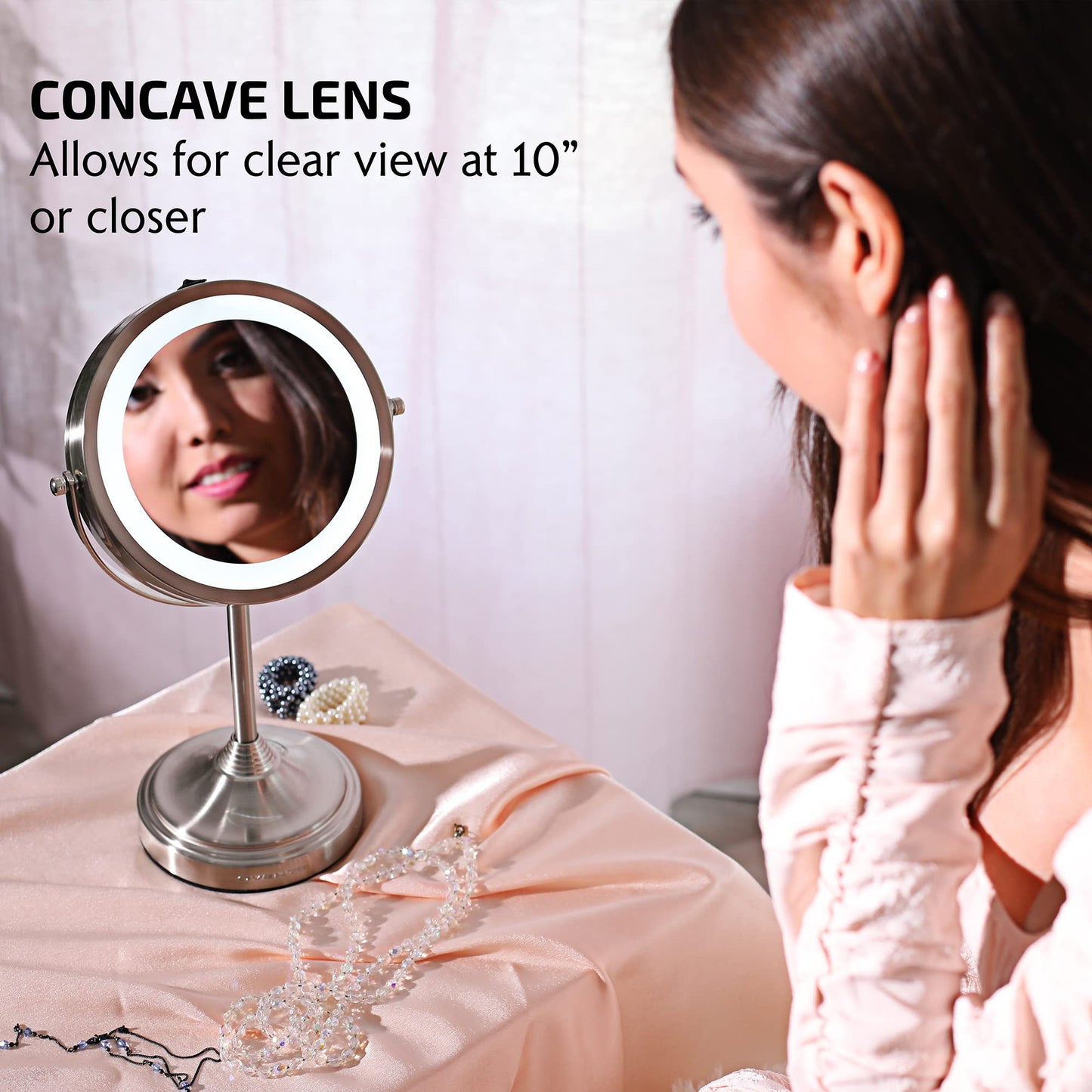 OVENTE 7'' Lighted Makeup Mirror with 1X/7X Magnification, Cordless Tabletop Mount Vanity Mirror with 360° Swivel Design & Double Sided Glow Cosmetic White LED Ring Light, Nickel Brushed MCT70BR1X7X