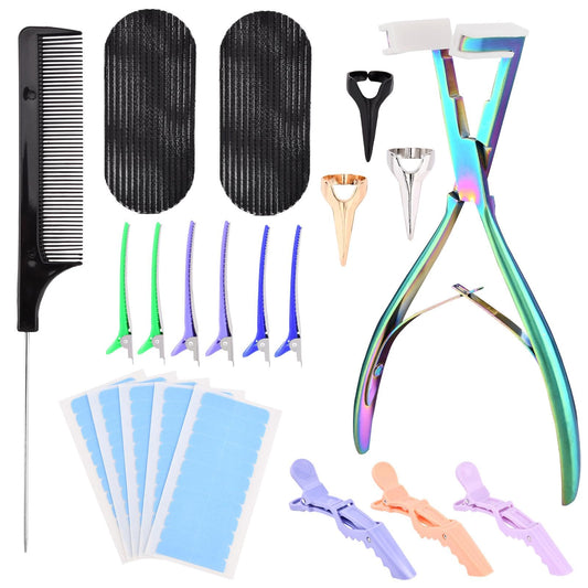 Trasylph Tape in Hair Extension Tools Kit,with Hair Extensions Sealing Clamp Plier,5 Sheets Hair Extension Tape,2 Black Hair Gripper Sticker,9 Clips,3 Hair Parting Ring,for Women Hair