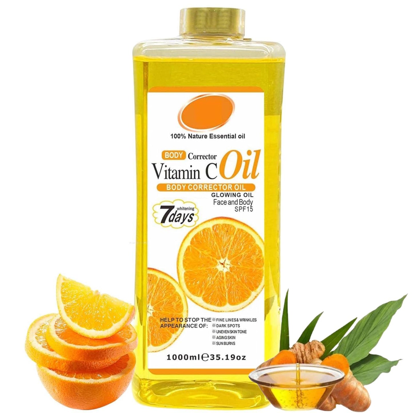Vitamin C Body Oil, 1000ml Tumeric Body Oil, Retinol Vitamin C 7days, Vit C Body Corrector Oil for Uneven Skin Tone (1000ML VC)