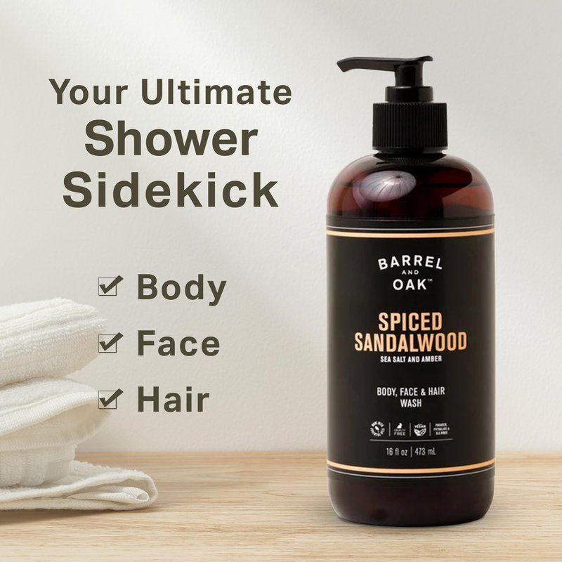 Barrel & Oak All-in-One Wash for Face, Hair, & Body, Vegan & Hydrating Face, Shampoo and Body Wash for Men, Grooming Kit Gifts for Men, Spiced Sandalwood, 16 oz