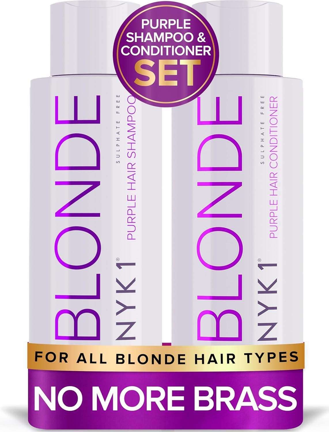 NYK1 NO MORE BRASS Purple Shampoo & Conditioner Set - Sulfate Free, 2 x 16.9 Fl Oz | Eliminate Yellow Brassy Tones for Blondes