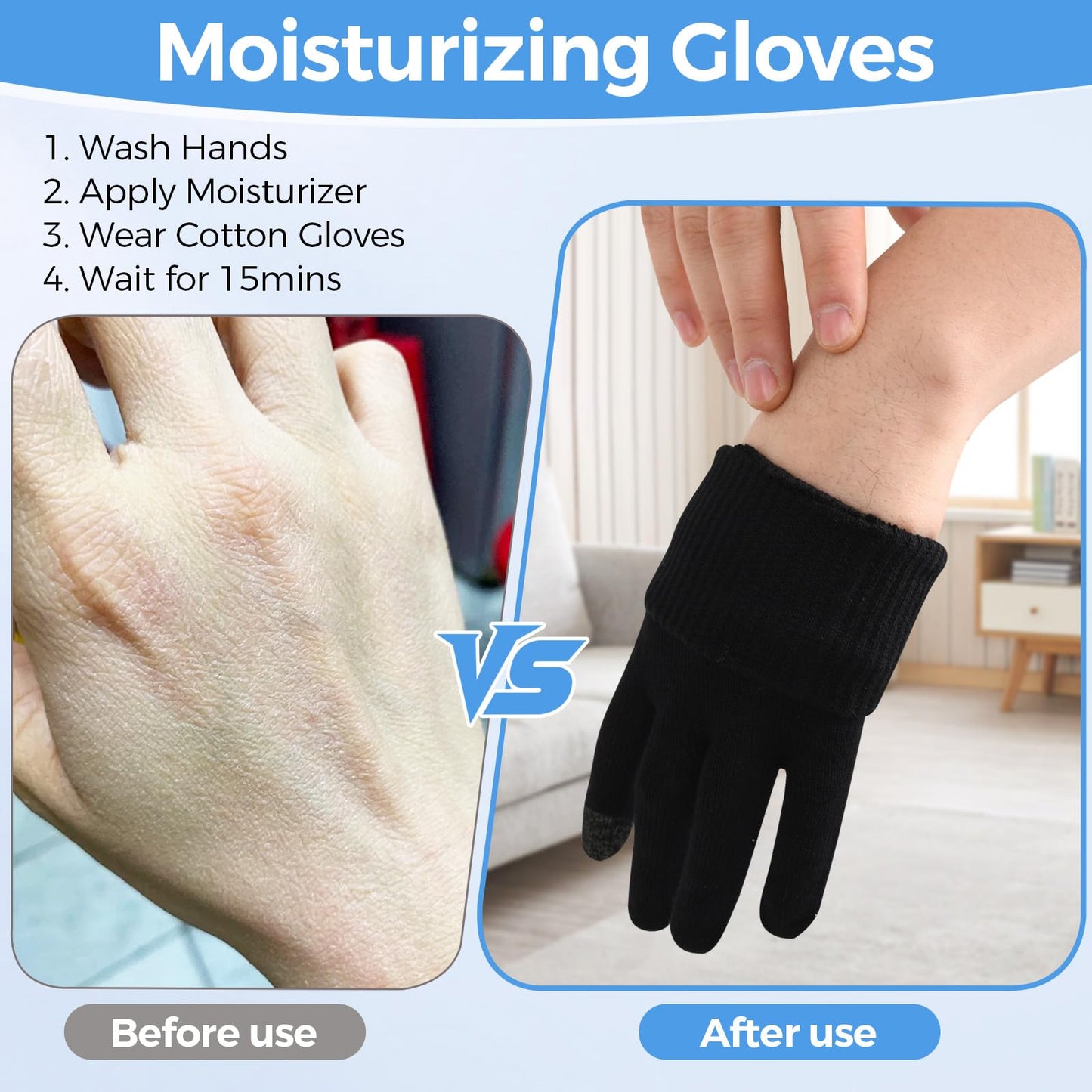 Donfri 6 Pairs Cotton Moisturizing Gloves Men Touchscreen Fingers for Eczema Dry Hands Hand Care Overnight Moisturizing (Large-Black)