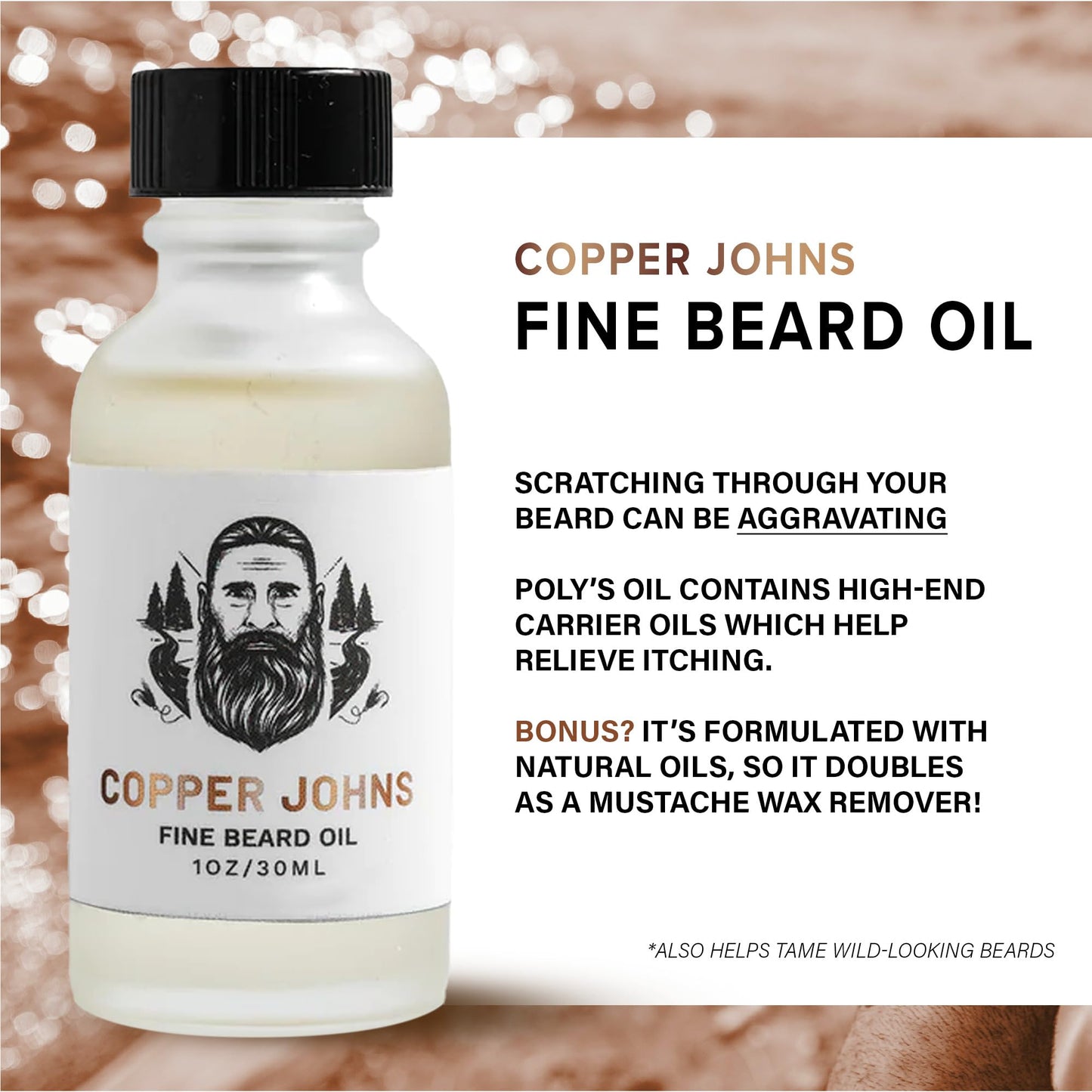 Copper Johns Premium Beard Oil for Men - Natural Formula with Jojoba & Castor Oil - Lightweight Non-Greasy Beard Moisturizer - Softens, Hydrates & Tames Frizz - Polys-Bergamot & Cherry Almond 1 oz