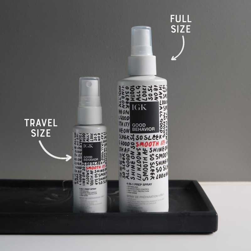 IGK GOOD BEHAVIOR 4-in-1 Prep Spray | Full + Travel Size | Gently Detangles, Controls Frizz for 24 Hours, Heat Protection & Shine | Weightless Formula for Smooth Hair