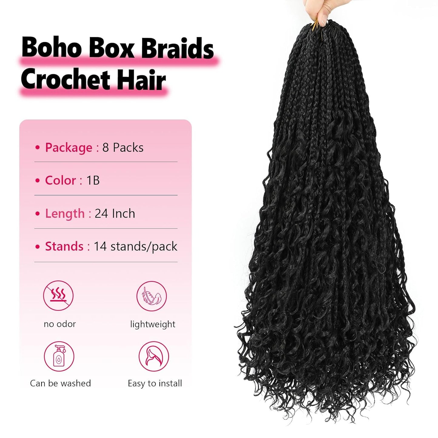 Goddess Box Braids Crochet Hair - 24 Inch Boho Braids With Curly Ends | 8 Packs Synthetic Extensions (1B)
