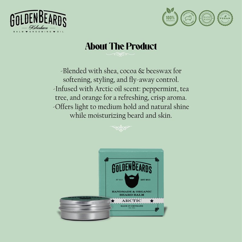 Golden Beards Organic Beard Balm Arctic – Shea, Cocoa & Beeswax Blend with Peppermint, Tea Tree & Orange Scent – 60ml Vegan Handmade Styling Balm for Beard Hydration & Freshness, Handmade in Denmark.