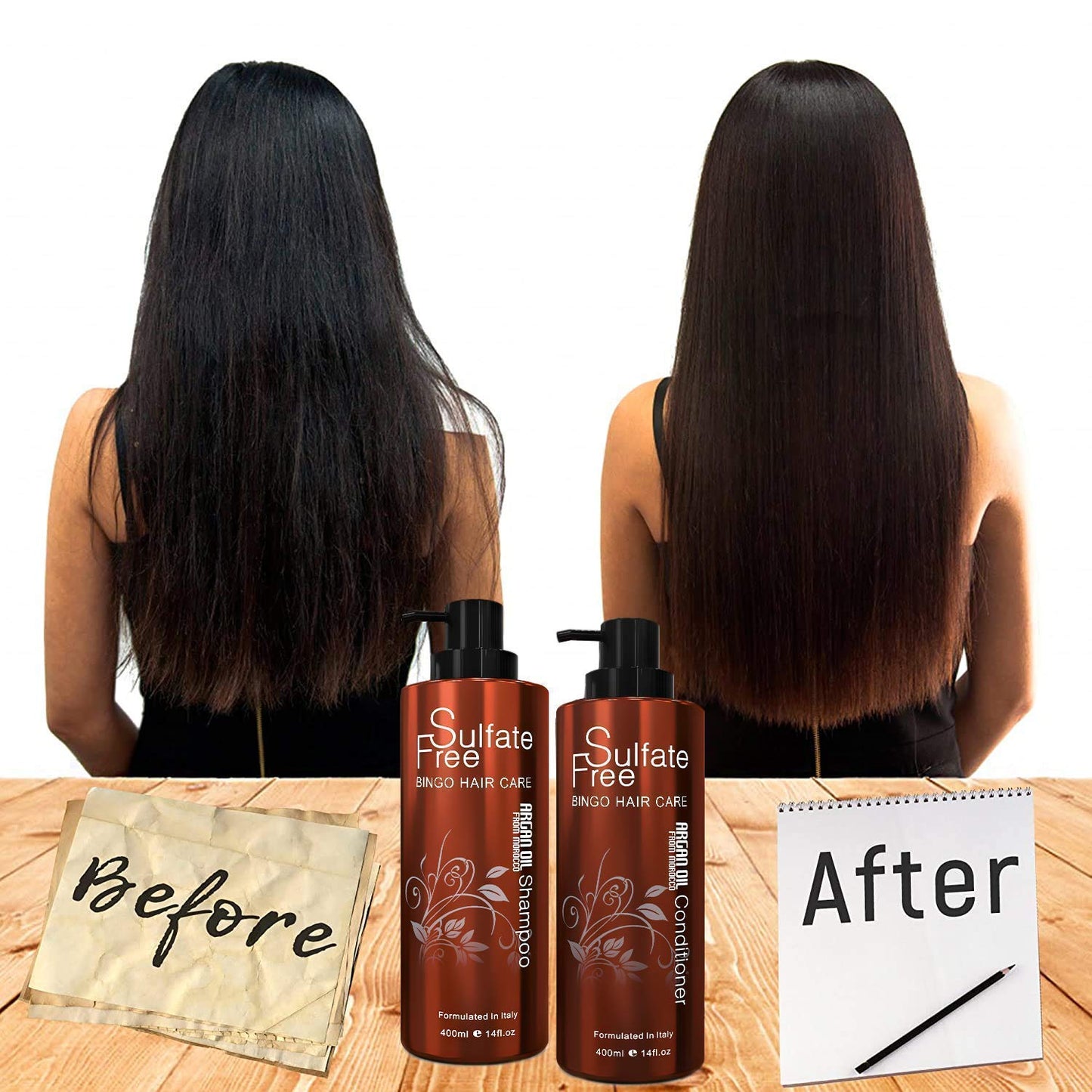 BINGO HAIR CARE Moroccan Argan Oil Shampoo and Conditioner Set, 100% Natural and Organic ,Revitalizing, Moisturizing, Anti-Frizz, Sulfate and Paraben Free, 42 Fl Oz