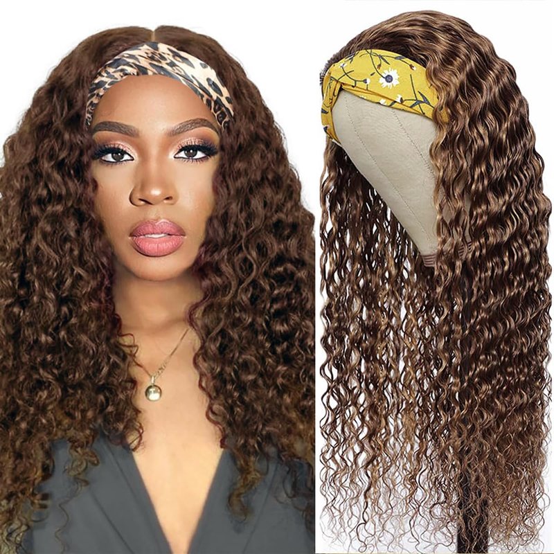 XSY Deep Wave Headband Wig Human Hair Chocolate Brown #4 Colored Curly Headband Wigs for Black Women Glueless No Lace Front Wigs Brazilian Virgin Hair 150% Density 12 Inch