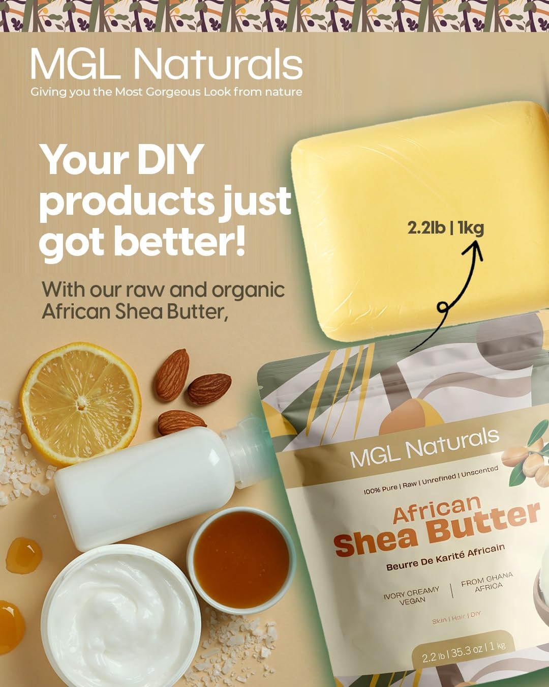 MGL Naturals Raw African Shea Butter Ivory 2.2 lb, 100% Pure, and Unrefined. Nourish and moisturize hair and skin. Use alone or DIY recipes. From Ghana, West Africa. (2.2 lb | 1 kg | 35.3 oz)