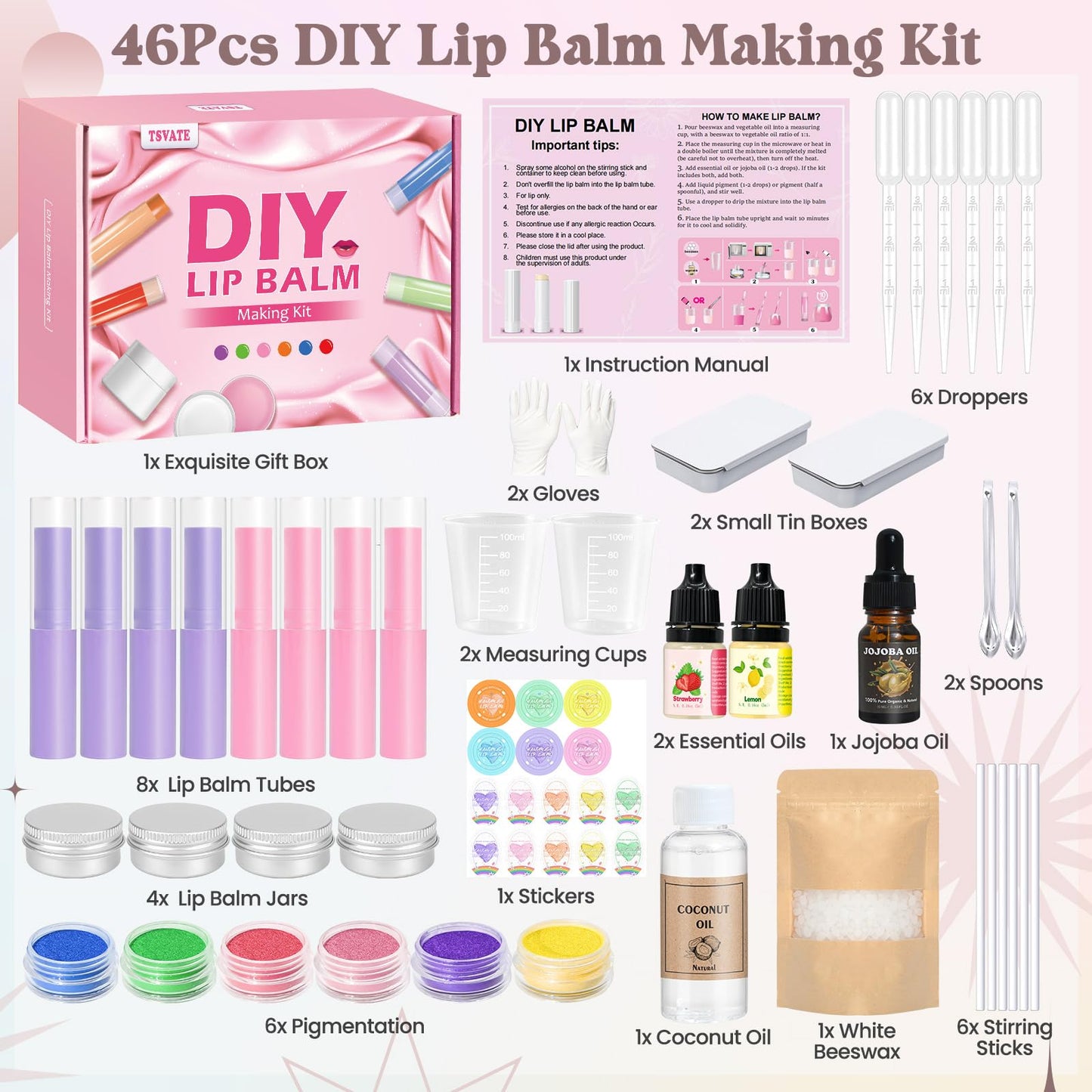 TSVATE Lip Balm Making Kit- Make Your Own Lip Balm for Adults with Shea Butter, Beeswax, Coconut Oil, Moisturizing DIY Lip Gloss Kit, Lip Care Set Christmas Gift for Girls & Women