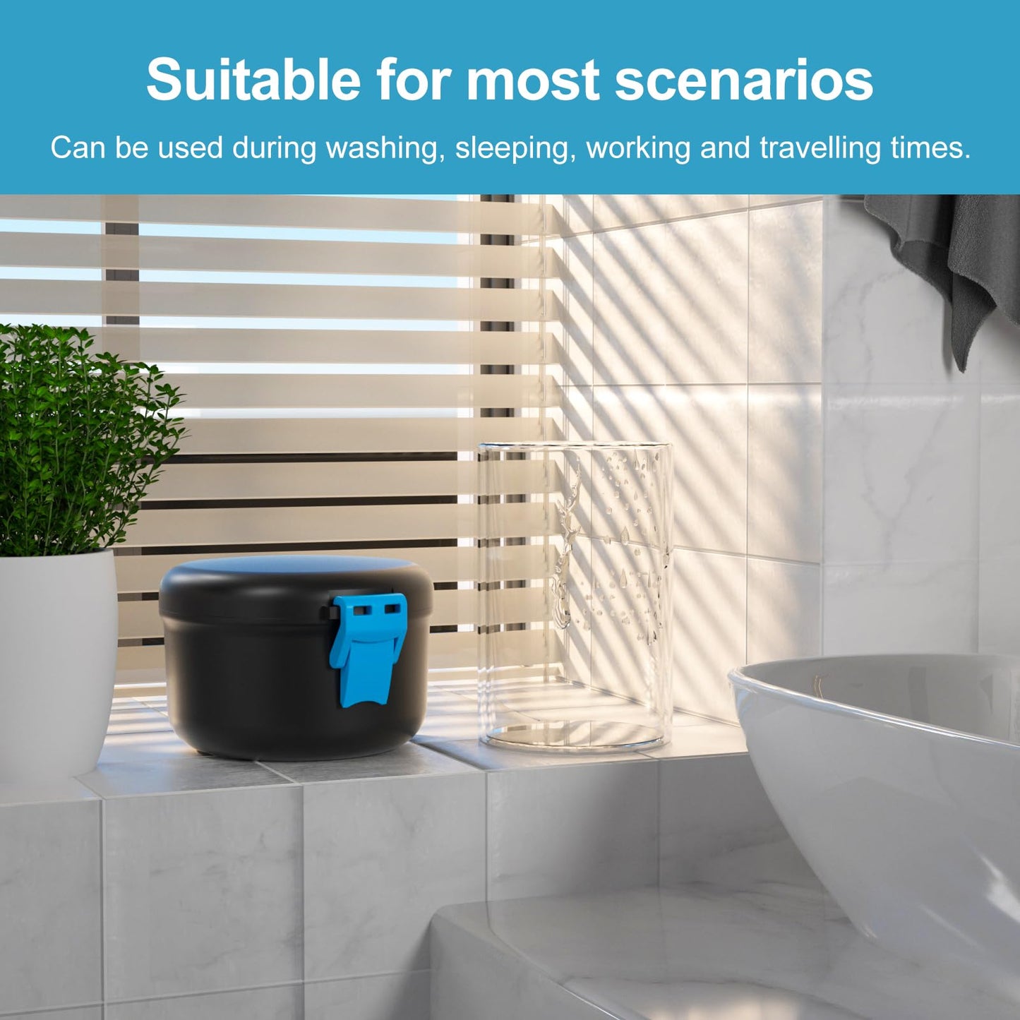 BVN Leak-Proof Denture Bath Cup for Travel, Denture Cup for Soak Dentures, Retainer Cleaning Case with Strainer (Black + Blue)