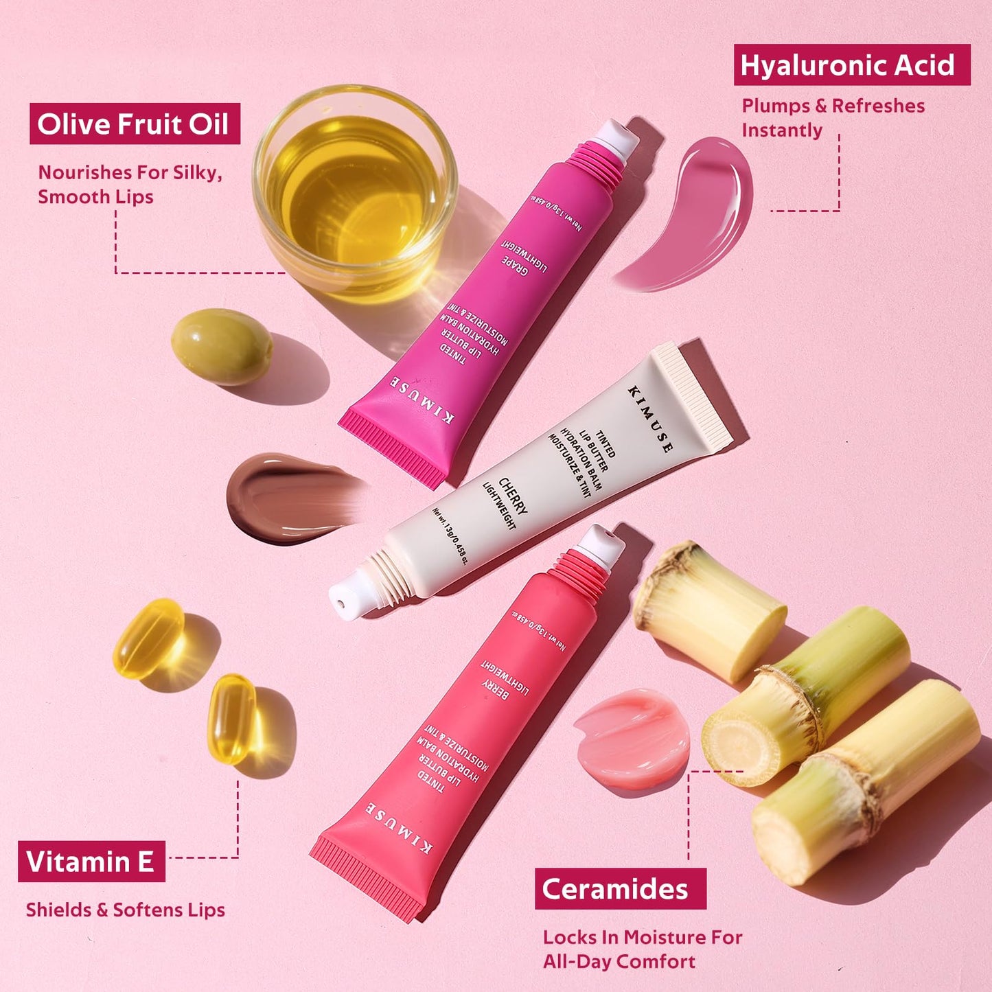 KIMUSE 3 Pack Tinted Lip Butter Hydration Balm, Hydrating Lip Treatment with Hyaluronic Acid & Vitamin E, Tinted Lip Balm for Instant Moisture, Shine & Hydration, Supple Lips, Vegan & Cruelty-Free