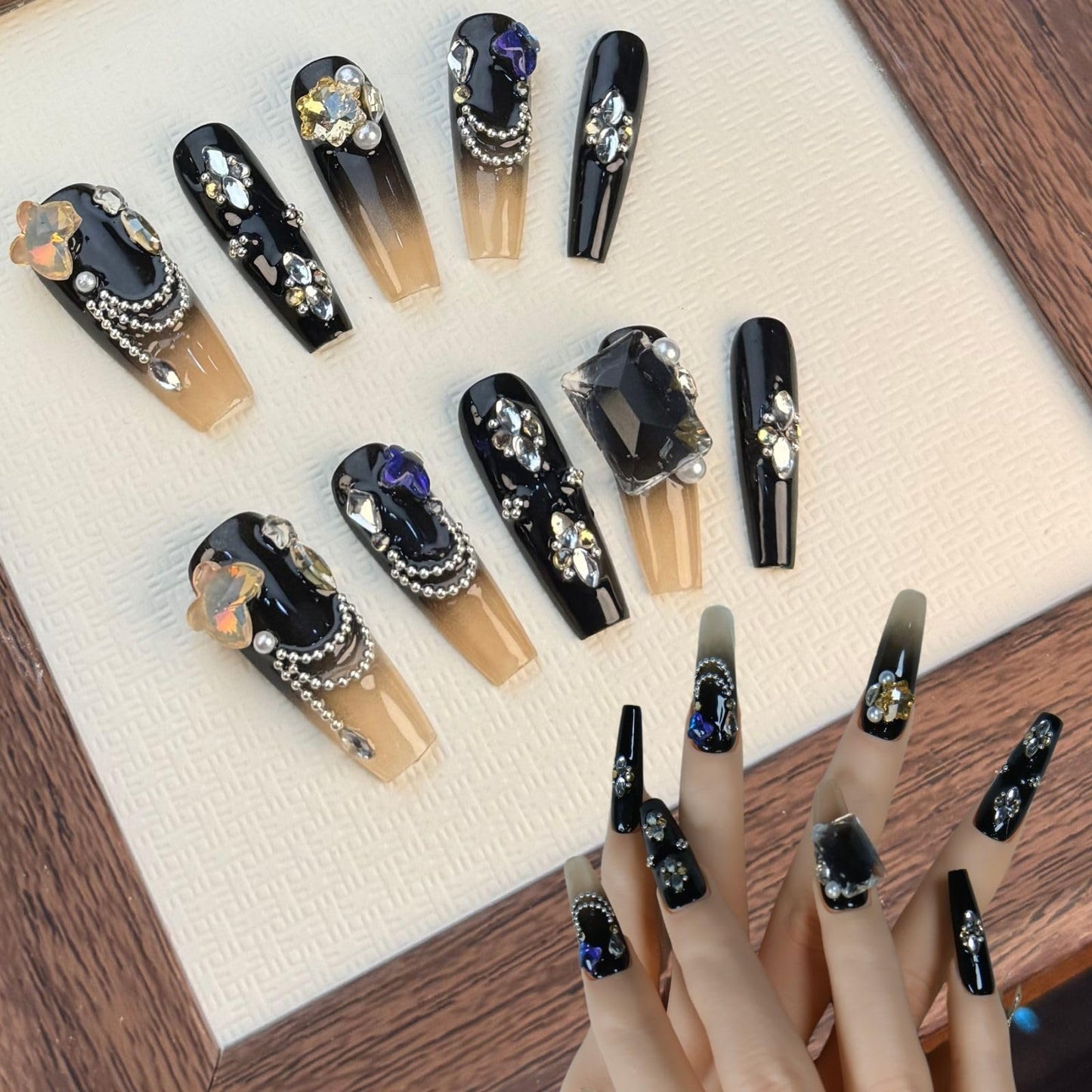 Duotaoii Press On Nails Medium Fake Nails Handmade Coffin False Nails Black Flower Diamond 3d Hand-Painted Nail Charms, Acrylic Nail Kit Glue On Nails,Reusable Stick on Nails for Women 10pcs S