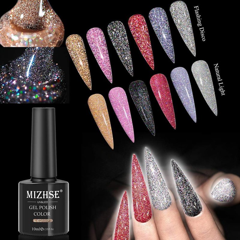 MIZHSE Diamond Gel Nail Polish Set - Reflective Colorful Glitter for Stunning Nails | 6 Shades