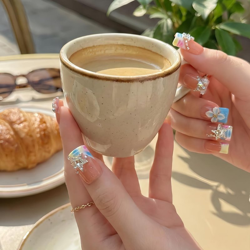 Handmade Duck Press On Nails 10Pcs Colorful French Duck Nail Shape, Nude Pink 3D Flower & Star Press On Nails with Rhinestones, Trendy Handmade Duck Nails for Women Girls