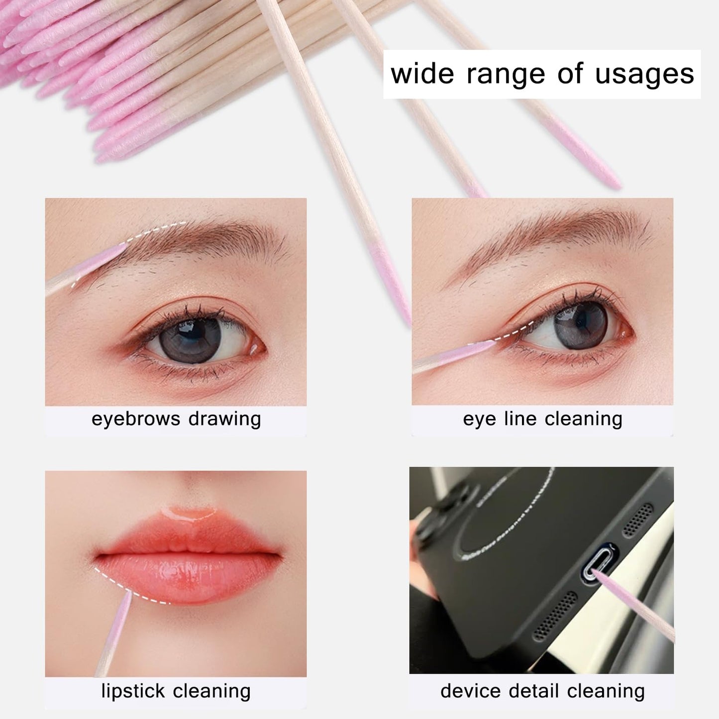 FSpronail 200pcs Pointed Tip Cotton Swabs, Pink Double-head Precision Microblading Cotton Swabs with Wooden Sticks Nail Polish Remover Pen Touch Up Disposable Makeup Applicators Beauty Tools