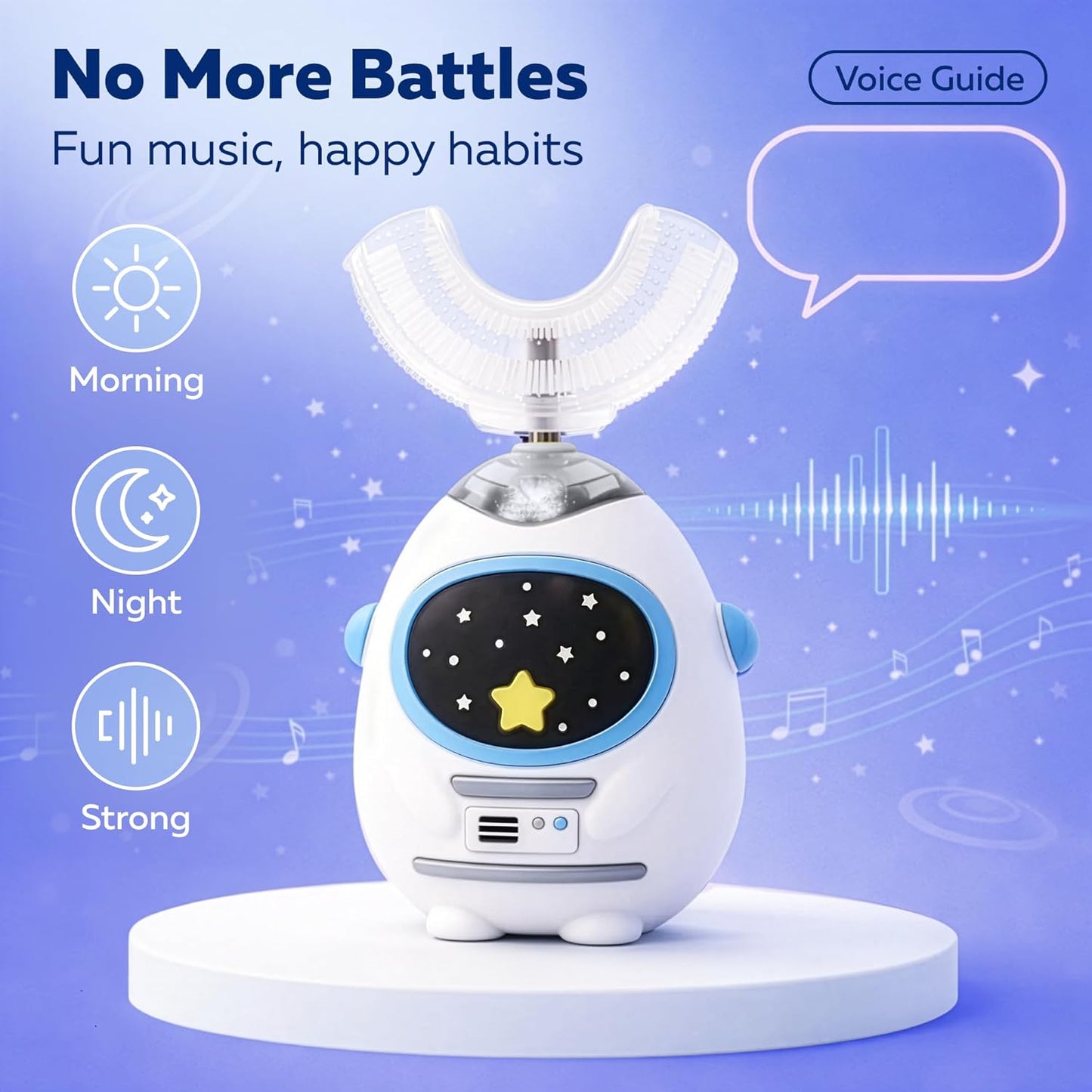 Kids U Shaped Electric Toothbrush - Music & Voice Guided, 4 Brush Heads, Rechargeable | Ages 3-7, Heroic White