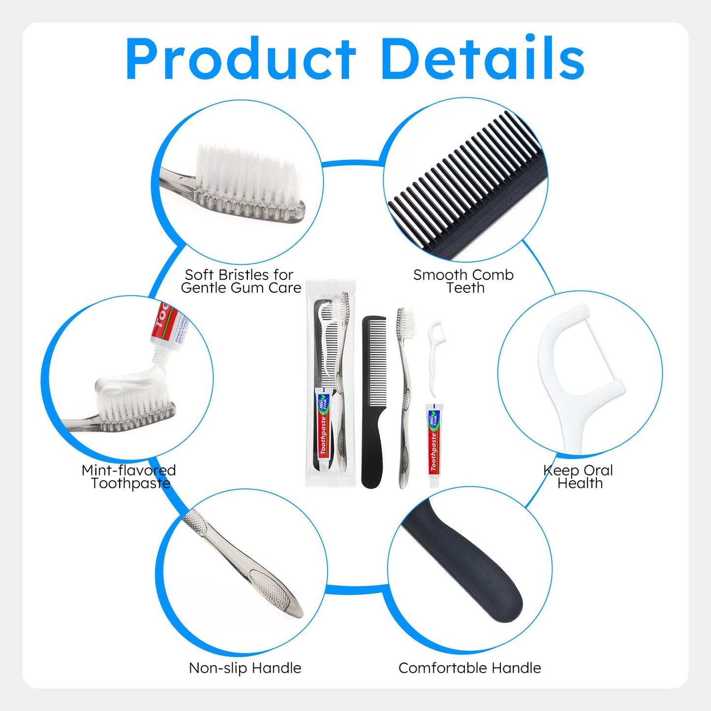 LLHQAMT Travel Toothbrushes with Toothpaste, Disposable Toothbrushes, Hygiene Kits in Bulk with Floss Picks, Combs, Individually Packaged, Suitable for Home, Travel, and Hotels (100-PACK)