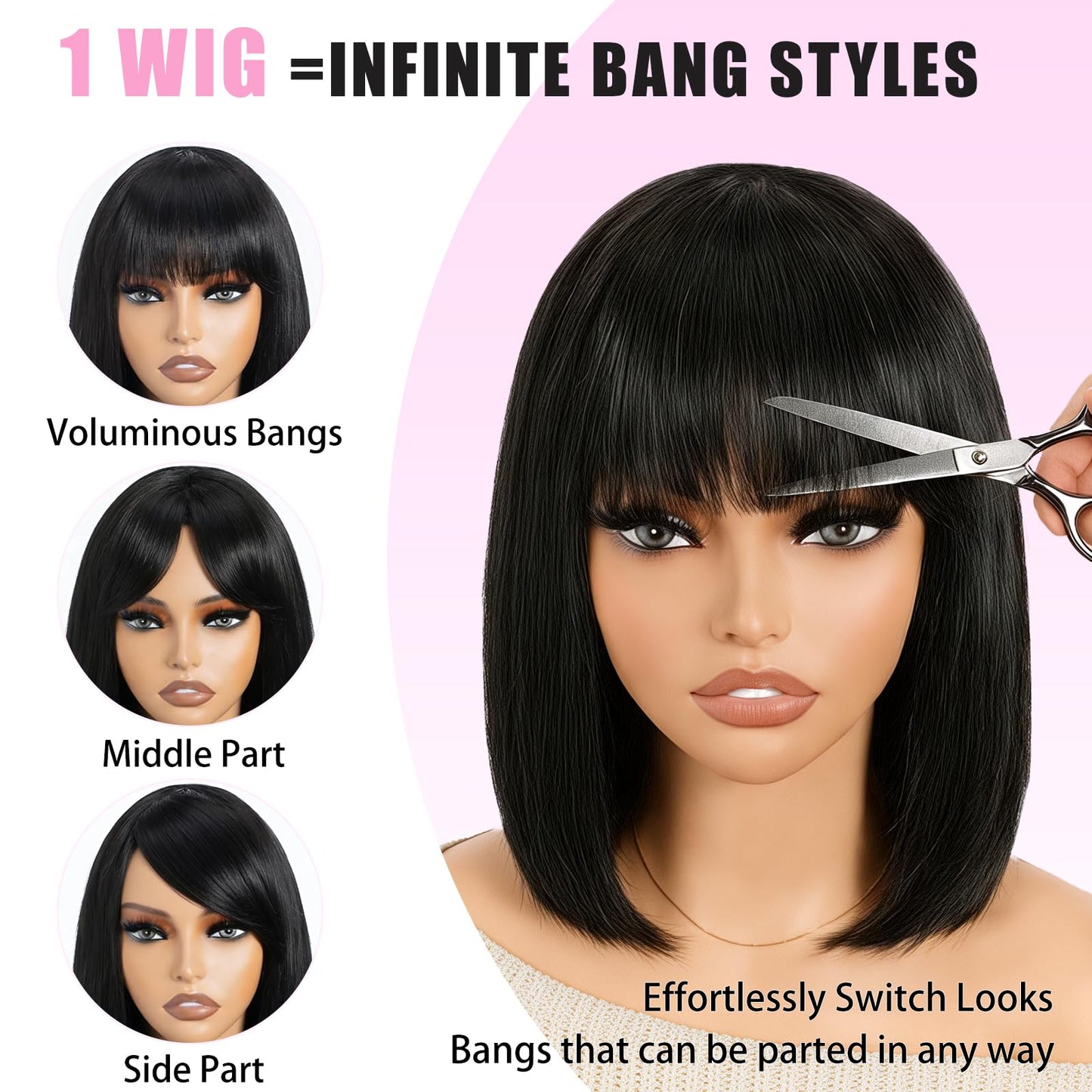 Bob Human Hair Wig With Bangs Wear and Go Glueless Wig 180% Density