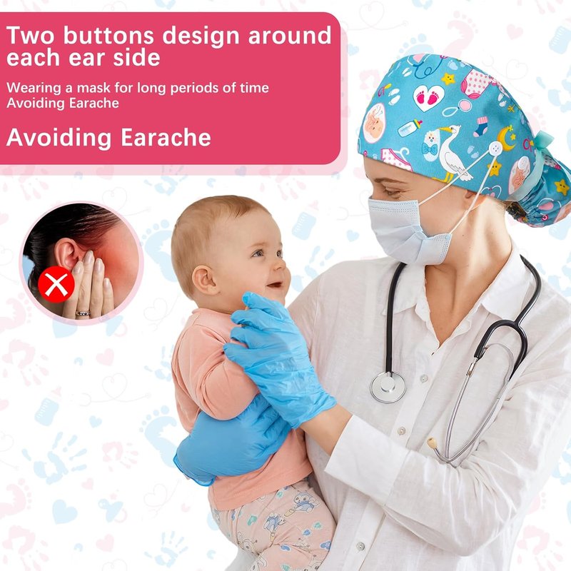 Labor and Delivery Scrub Caps - 6 Pcs Adjustable Nursing Hats with Sweatband Buttons for Midwives | Women’s Healthcare