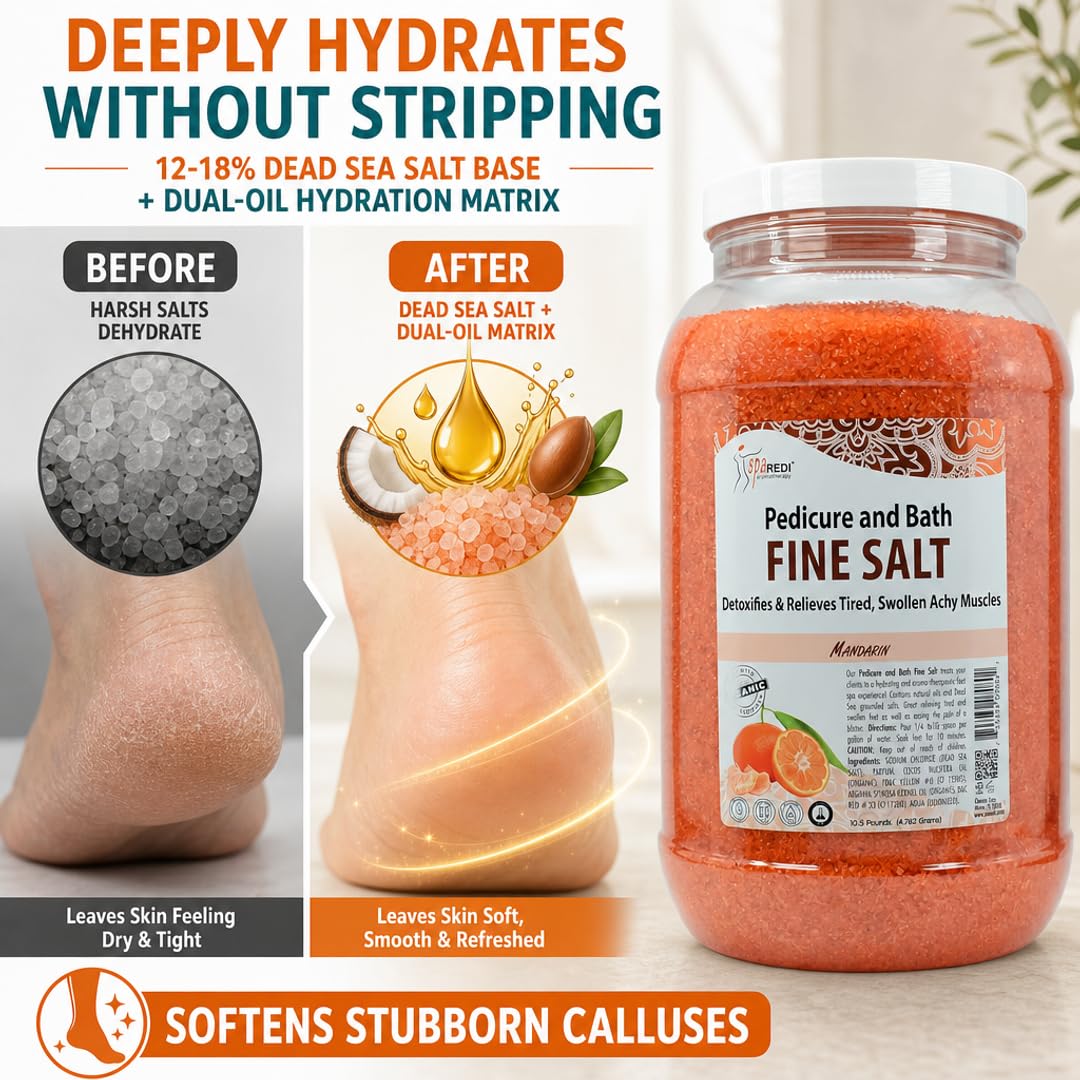 SPA REDI - Detox Foot Soak Pedicure and Bath Fine Salt, Mandarin, 128 Oz - Made with Dead Sea Salts, Argan Oil, Coconut Oil, and Essential Oil - Hydrates, Softens and Moisturizes
