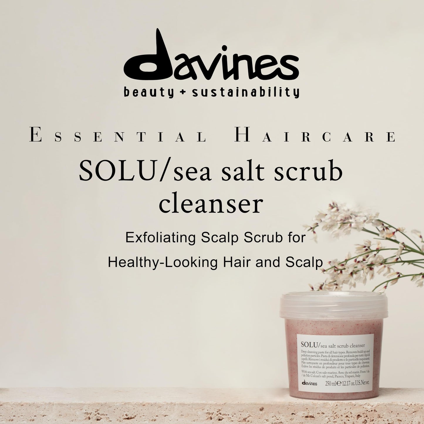 Davines SOLU Sea Salt Scrub Cleanser, Gently Removes Residues and Polluting Particles from Scalp for Normal to Heavily-Styled Hair - Light, Soft Hair Remains Clean Longer with Sea Salt, 8.45 Fl Oz