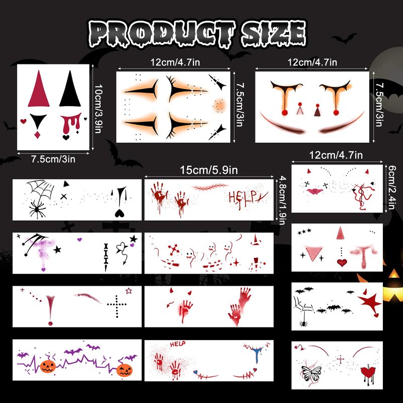 HOWAF 15 Sheets Halloween Full Face Tattoos Stickers, Costume Face Art With Clown, Spider Webs, Bats, Skeletons Ghost Devil Creepy Hand Prints for Horror Party Decor, Black Red Temporary Tattoos
