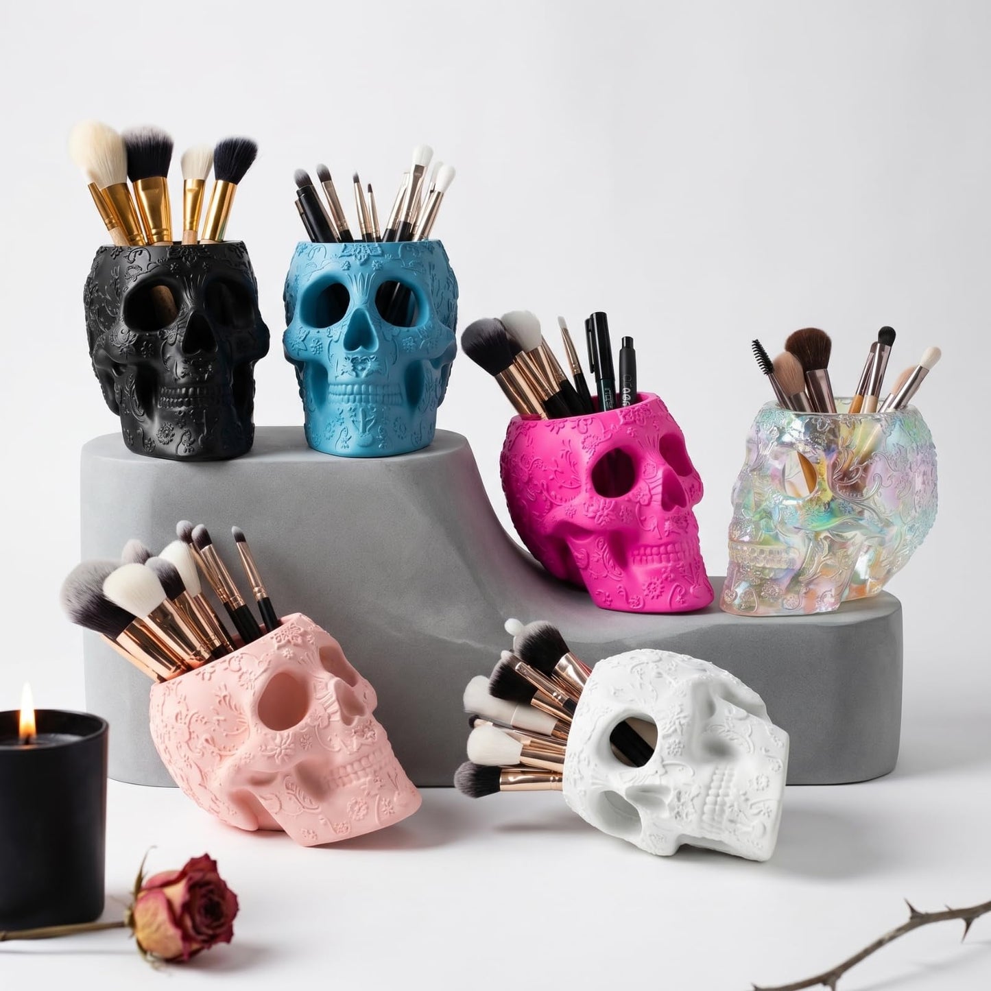 Skull Makeup Brush Holder, Pen Holder, Vanity, Desk, Office Organizer, Stationary, Decor Planter, Candy Bowl, Goth Decorations, Extra Large, Skulls Gothic Skull & Bones Organizer Bathroom (Cloud Pink)