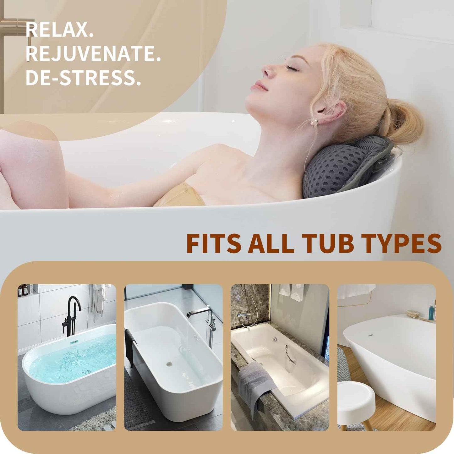 Luxury Bathtub Pillow, Mesh Bath Pillow with Suction Cups Bath Pillow for Women Relaxing, Bath Pillows for Tub Neck and Back Support,Fits All Bathtub (Gray)