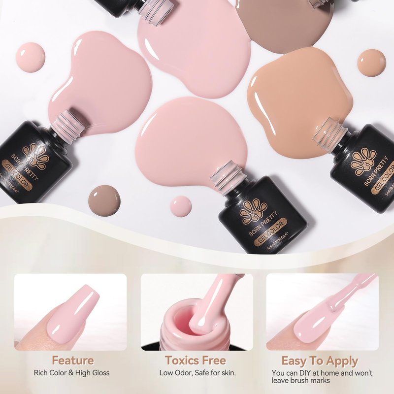 Born Pretty Nude Pink Gel Nail Polish 52Pcs Skin Tone White Beige Khaki Green Burgundy Red Purple Brown Chocolate Gold Silver Shimer Glitter Gel Polish with Glossy Matte Glitter Base Top Coat