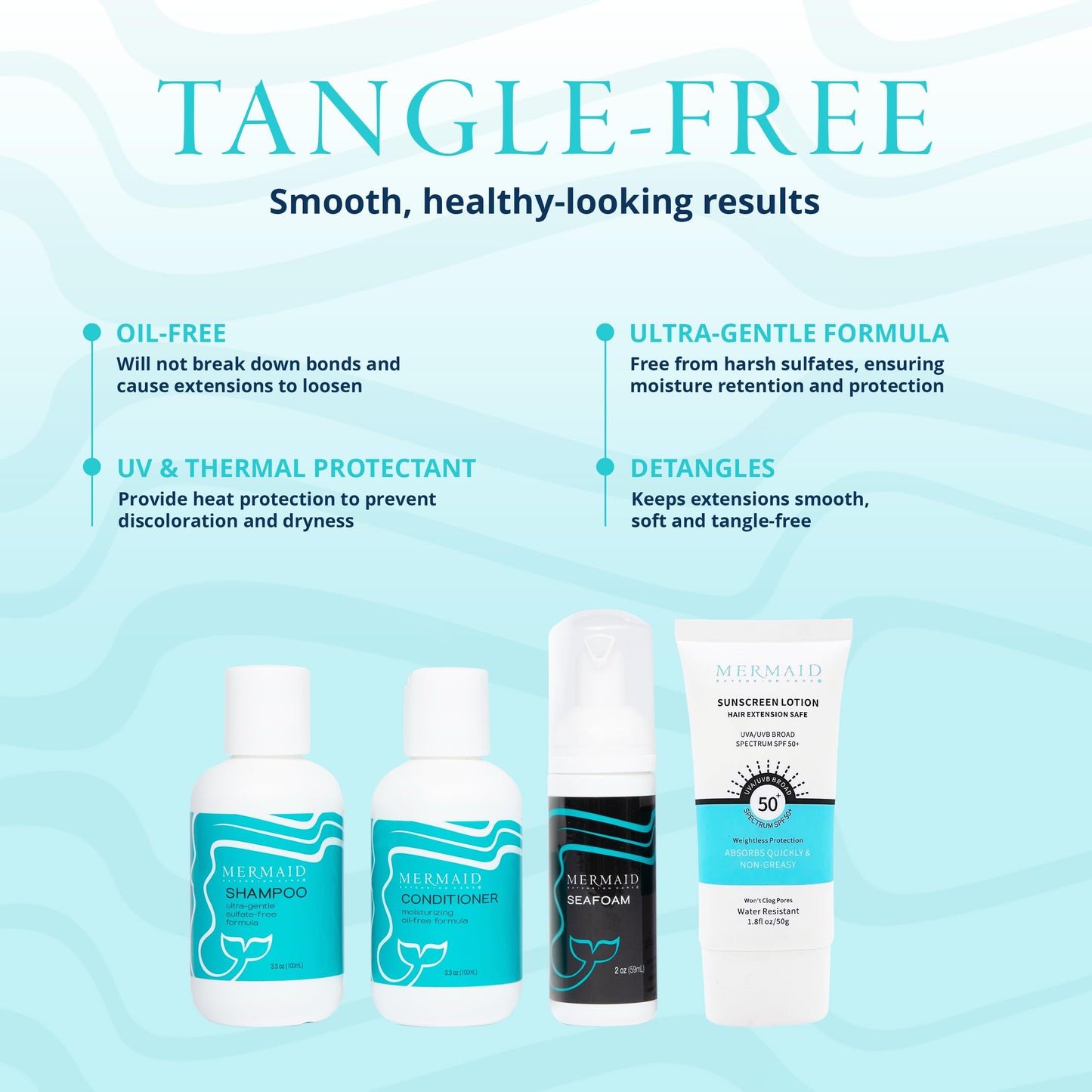 Mermaid Extension Care Travel Kit, 4 Piece Set with Extension-Safe Shampoo, Conditioner & Seafoam and Sunscreen