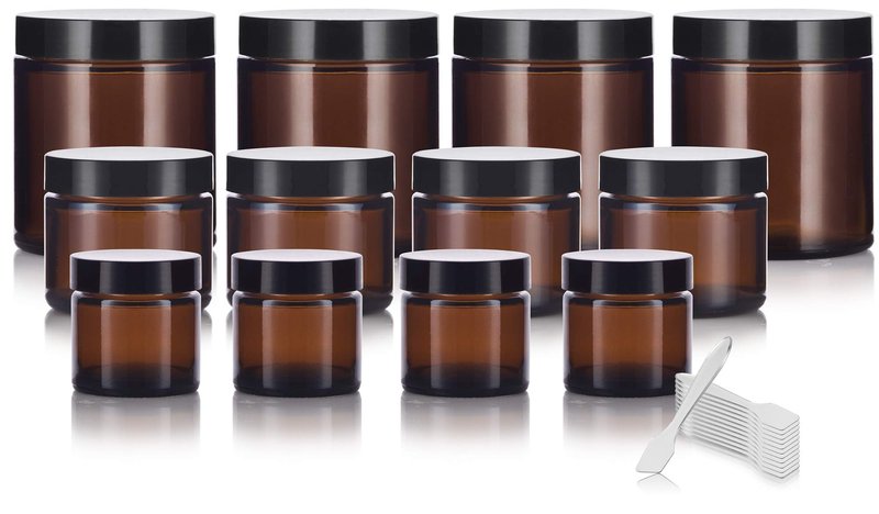 JUVITUS 12 piece Amber Glass Straight Sided Jar Multi Size Set : Includes 4 -1 oz, 4 -2 oz, and 4 -4 oz Amber Glass Jars with Black Lids + Spatulas for Aromatherapy, Essential Oils, Travel and Home